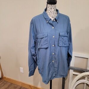 Exofficio Womens SZ Med. BLUE Camp Adventure button down Shirt vents tab sleeves